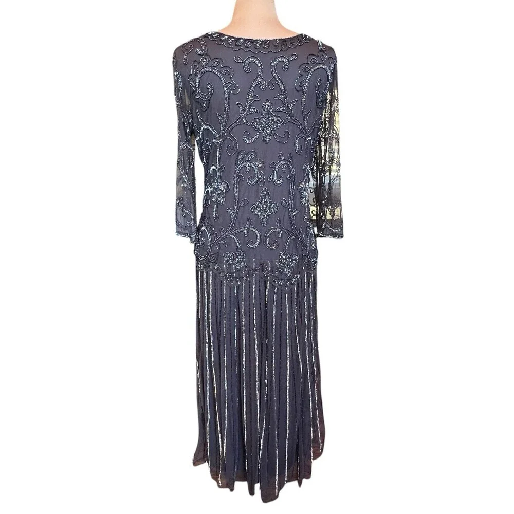 Pisarro Nights Heavily Beaded Mesh Maxi Dress SZ 14 Gatsby Formal Evening Gown